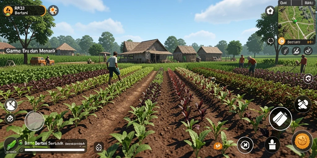 Screenshot dari antarmuka game Bertani RR33 yang menampilkan ladang yang subur.
